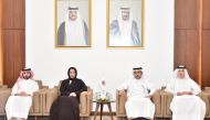 Minister of Education and Higher Education H E Buthaina bint Ali Al Jabr Al Nuaimi (second left); QU President Dr. Hassan Al Derham (second right) and other officials during the closing ceremony of the QU-YSC Fifth Youth Research Forum 2023. STORY ON P3