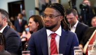 (FILES) In this file photo taken on March 28, 2023, Buffalo Bills safety Damar Hamlin attends an event with lawmakers to introduce the Access to AEDs Act, in Washington, DC. (Photo by Kevin Dietsch / GETTY IMAGES NORTH AMERICA / AFP)

