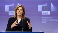 EU Commissioner for Health Stella Kyriakides speaks during a press conference on the revision of the pharmaceutical legislation and fight against antimicrobial resistance at the EU headquarters in Brussels on April 26, 2023. (Photo by Kenzo Tribouillard / AFP)