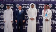 Qatar Olympic Committee (QOC) President HE Sheikh Joaan bin Hamad Al Thani (3rd left) with QOC Secretary-General Jassim Rashid Al Buenain, President of the International Judo Federation (IJF) Marius Vizer, and President of the Qatar Taekwondo, Judo & Karate Federation (QTJKF) Khalid bin Hamad Al Attiyah prior to the IJF Ordinary Congress at the Sheraton Grand Doha Resort & Convention Hotel on May 4, 2023.