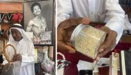 From left: Qatari diver Saad Ismail Al Jassem shows customers the weight he used to use for diving inside his shop at Souq Waqif; A jar full of natural pearls. Each bead retails for around QR2000.