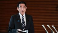 Japan's Prime Minister Fumio Kishida answers questions from reporters after North Korea announced it would launch a satellite, at the prime minister's office in Tokyo on May 29, 2023. (Photo by JIJI Press / AFP) 
 