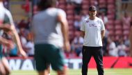 Liverpool's German manager Jurgen Klopp watches his players warm up ahead of the English Premier League football match between Southampton and Liverpool at St Mary's Stadium in Southampton, southern England on May 28, 2023. (Photo by Adrian DENNIS / AFP