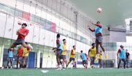 Qatar players in action during their final training session prior to their departure for Austria, at the Aspire Academy yesterday.