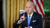 US President Joe Biden addresses the nation on averting default and the Bipartisan Budget Agreement, in the Oval Office of the White House in Washington, DC, June 2, 2023. (Photo by JIM WATSON / POOL / AFP)
