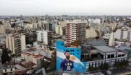 Aerial view of a mural painting depicting Argentine football star Lionel Messi at the Villa del Parque train station in Buenos Aires taken on June 6, 2023 (Photo by Luis Robayo / AFP)