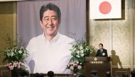 Japan's Prime Minister Fumio Kishida delivers a speech during a memorial service on the first death anniversary of former prime minister Shinzo Abe, at Meiji Kinenkan in Tokyo on July 8, 2023. (Photo by JIJI PRESS / AFP)