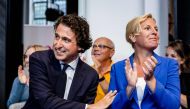 GroenLinks' leader Jesse Klaver (L) and PvdA leader Attje Kuiken react after the results of the members' consultations of the PvdA and GroenLinks over the cooperation between the two parties in Netherlands' parliamentary elections scheduled to be held in the fall of 2023, in Utrecht on July 17, 2023. (Photo by Sem van der Wal / ANP / AFP) / Netherlands OUT
