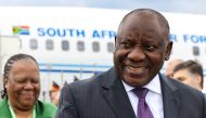 South Africa's President Cyril Ramaphosa is welcomed upon arrival at Pulkovo airport ahead of the second Russia-Africa summit, in Saint Petersburg on July 26, 2023. (Photo by Peter KOVALEV / TASS Host Photo Agency / AFP)
