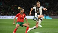 (Files) Germany's midfielder #18 Melanie Leupolz (R) controls the ball next to Morocco's forward #07 Ghizlane Chebbak (L) in Melbourne on July 24, 2023. (Photo by William West / AFP)