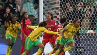 Jamaica's defender #17 Allyson Swaby (R) celebrates scoring her team's first goal during the Australia and New Zealand 2023 Women's World Cup Group F football match between Panama and Jamaica at Perth Rectangular Stadium in Perth on July 29, 2023. (Photo by Colin MURTY / AFP)
