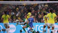France's forward #09 Eugenie Le Sommer (C) scores her team's first goal during the Australia and New Zealand 2023 Women's World Cup Group F football match between France and Brazil at Brisbane Stadium in Brisbane on July 29, 2023. (Photo by FRANCK FIFE / AFP)

