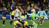 Colombia players celebrate their victory after the final whistle of the Australia and New Zealand 2023 Women's World Cup Group H football match. (Photo by David Gray / AFP)