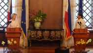 European Commission President Ursula von der Leyen (L) speaks beside Philippine President Ferdinand Marcos Jr. during their joint press statement at Malacanang Presidential Palace in Manila on July 31, 2023. Photo by Aaron Favila / POOL / AFP