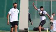 Al Sadd's Romain Saiss (left) and Mohammed Waab in action during a training session.