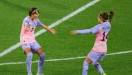 Japan's midfielder #07 Hinata Miyazawa (L) celebrates scoring her team's third goal at Wellington Regional Stadium in Wellington on August 5, 2023. (Photo by Grant Down / AFP)