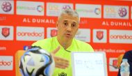 Al Duhail coach Hernan Crespo speaks during a press conference, yesterday.