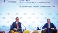 Prime Minister and the Minister of Foreign Affairs H E Sheikh Mohammed bin Abdulrahman bin Jassim Al Thani with Director-General and Chief Executive of the International Institute for Strategic Studies Sir John Chipman during a panel discussion in Singapore.
