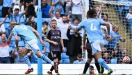 Manchester City's Norwegian striker #09 Erling Haaland celebrates scoring his team fifth goal during the English Premier League football match between Manchester City and Fulham at the Etihad Stadium in Manchester, north west England, on September 2, 2023. (Photo by Oli SCARFF / AFP) 