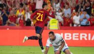 Spain's midfielder #21 Ferran Torres celebrates scoring his team's fourth goal during the EURO 2024 first round group A qualifying football match between Spain and Cyprus at the Nuevo Estadio de Los Carmenes in Granada on September 12, 2023. (Photo by JORGE GUERRERO / AFP)
