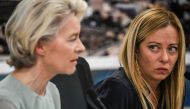 This handout picture taken and released on September 17, 2023 by Italian agency Ansa, shows the European Commission President Ursula von der Leyen (L) and Prime Minister Giorgia Meloni (R) during a press conference at the Italian island of Lampedusa. (Photo by Handout / ANSA / AFP)