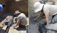 These two combined pictures taken on July 2019 and released on September 20, 2023 by Liverpool university show archaeologists at work during the excavation of a wooden structure at the prehistorical site of Kalambo Falls in Zambia. (Photo by Larry BARHAM / Liverpool University / AFP) 