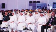 Minister of Communications and Information Technology, H E Mohammed bin Ali Al Mannai (third left); Minister of State and Chairman of the Free Zones Authority, H E Ahmed bin Mohammed Al Sayed (second left); President of NCSA, Engineer AbdulRahman bin Ali Al Farahid Al Malki (third right); and Chairman of the General Authority of Customs (GAC), Ahmed bin Abdullah Al Jamal (second right) during the Qatar Cyber Assurance conference yesterday.