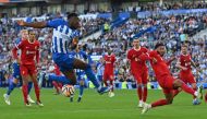 Brighton's English striker #18 Danny Welbeck (3L) fails to control the ball during the English Premier League football match between Brighton and Hove Albion and Liverpool at the American Express Community Stadium in Brighton, southern England on October 8, 2023. (Photo by Glyn KIRK / AFP) 