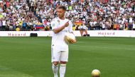 A picture taken on June 13, 2019, shows Belgian footballer Eden Hazard during his official presentation as new player of the Real Madrid at the Santiago Bernabeu stadium. (Photo by Gabriel Bouys / AFP)