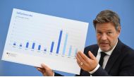 German Minister of Economics and Climate Protection Robert Habeck shows an inflation rate graph as he gives a press conference on the new 2023 economic growth forecast, in Berlin, on October 11, 2023. (Photo by Tobias SCHWARZ / AFP)
