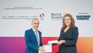 Chairman of the Artificial Intelligence Committee at MCIT, Hassan Jassim Al Sayed and CEO and Founder of InspiredMinds and World Summit AI, Sarah Porter during an event.