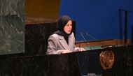 Permanent Representative of Qatar to the United Nations HE Alya Ahmed Saif Al Thani speaks at the United Nations headquarters in New York City on October 27, 2023. (Photo by Andrea Renault / AFP)