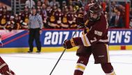 (Files) Adam Johnson #7 of the Minnesota-Duluth Bulldogs fires in a shot during the 2017 NCAA Division I men's Ice Hockey Championship game at the United Center in Chicago, Illinois, on April 8, 2017. (Photo by Jonathan Daniel / AFP)