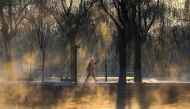 This photo taken on November 12, 2023 shows a person walking along a lake at Beiling Park in Shenyang, in China's northeastern Liaoning province. Photo by AFP