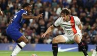 :(FILES) Chelsea's English midfielder #07 Raheem Sterling (L) Luton Town's Welsh defender #04 Tom Lockyer (R) during the English Premier League football match between Chelsea and Luton at Stamford Bridge in London on August 25, 2023. (Photo by HENRY NICHOLLS / AFP)