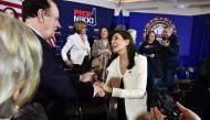 Former UN ambassador and 2024 Republican presidential hopeful Nikki Haley greets supporters during a campaign town hall event at Wentworth by the Sea Country Club in Rye, New Hampshire on January 2, 2024. (Photo by Joseph Prezioso / AFP)
