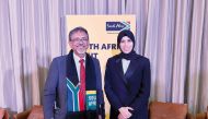 Minister of State for International Cooperation at the Ministry of Foreign Affairs H E Lolwah bint Rashid Al Khater with the Minister of Trade, Industry and Competition of the Republic of South Africa, H E Ebrahim Patel in Davos, yesterday.