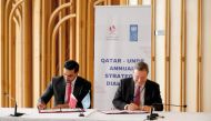 Director-General of QFFD H E Khalifa Al Kuwari (left) and UNDP Administrator Achim Steiner signing an agreement.