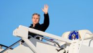 US Secretary of State Antony Blinken waves as he boards a plane at Joint Base Andrews, Maryland on February 4, 2024, en route to Saudi Arabia. (Photo by Mark Schiefelbein / Pool / AFP)
 