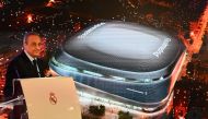 Real Madrid´s President Florentino Perez attends the unveiling of the Santiago Bernabeu stadium redevelopment plans on April 2, 2019 in Madrid. / AFP / GABRIEL BOUYS

