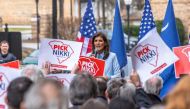 Presidential candidate Nikki Halley speaks outside of Newberry Opera House during her bus stop tour February 10, 2024 in Newberry, South Carolina. (Photo by Grant Baldwin / GETTY IMAGES NORTH AMERICA / Getty Images via AFP)
