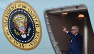 US President Joe Biden gestures as he arrives at John F. Kennedy International Airport, in Queens, New York on February 26, 2024. (Photo by Jim WATSON / AFP)
