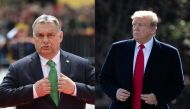 (FILES) (COMBO) This combination of file pictures created on May 12, 2019 shows a photo taken on May 9, 2019 of Hungary's Prime Minister Viktor Orban (L) reacting as he arrives for an EU summit in Sibiu, central Romania on May 9, 2019, and a photo taken on March 28, 2019 of US President Donald Trump speaking before leaving for Michigan to hold a campaign rally before spending the weekend in Florida. (Photo by Daniel MIHAILESCU and SAUL LOEB / AFP)
