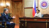 US Secretary of State Antony Blinken (left) attends a meeting with Philippines' President Ferdinand Marcos Jr (right) at Malacanang Palace in Manila on March 19, 2024. (Photo by Evelyn Hockstein / POOL / AFP)