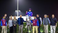 The connections of Mkaee’lat Al Shahania celebrate after winning the Al Wakra Cup at the 37th Al Rayyan Meeting, hosted by the Qatar Racing and Equestrian Club. (Pic: Juhaim/QREC)