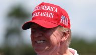 Former US President Donald Trump is seen at the driving range during day three of the LIV Golf Invitational - Miami at Trump National Doral Miami on April 07, 2024 in Doral, Florida. (Photo by Megan Briggs / Getty Images via AFP)
