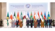 Prime Minister and Minister of Foreign Affairs H E Sheikh Mohammed bin Abdulrahman bin Jassim Al Thani with Their Highnesses and Excellencies foreign ministers of the GCC countries and Central Asian states in Tashkent yesterday. 
