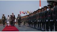 H H the Amir inspects a guard of honour during the reception ceremony on Tuesday, April 23, 2024.