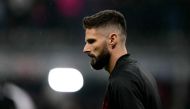 AC Milan's French forward #09 Olivier Giroud warms up prior to the Italian Serie A football match between AC Milan and Inter Milan at the San Siro Stadium in Milan on April 22, 2024. (Photo by Marco BERTORELLO / AFP)