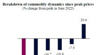 Breakdown of commodity dynamics since peak prices (% change from peak in June 2022)